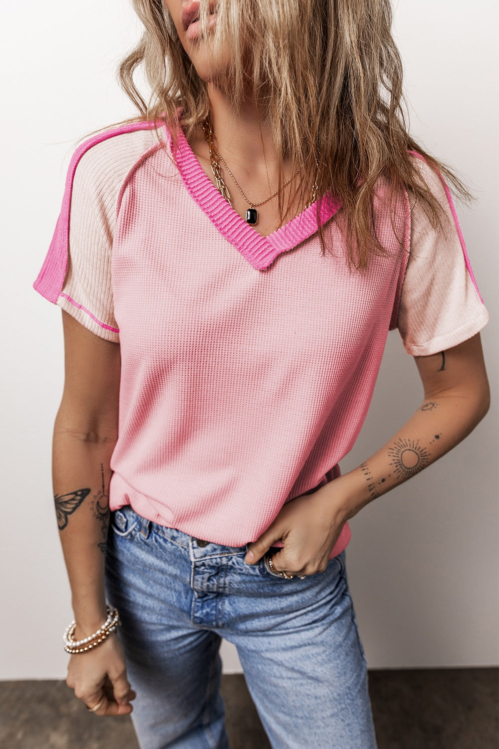 Color Block V-Neck Short Sleeve T-Shirt